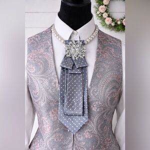 OOAK Necktie Necklace with Rhinestone Brooch and Pearl Necklace Gray & White